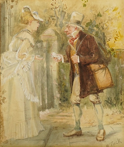 H. Tuck, heightened watercolour, Messenger and lady, signed, 13 x 10.5cm. Condition - good